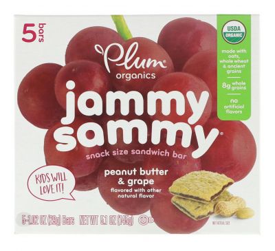 Plum Organics, Jammy Sammy, Peanut Butter & Grape, 5 Bars, 1.02 oz (29 g) Each