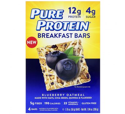 Pure Protein, Батончики для завтрака, черника с овсянкой, 4 батончика по 50 г