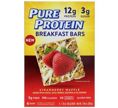 Pure Protein, Батончики для завтрака, клубника и вафля, 4 батончика, по 50 г каждый