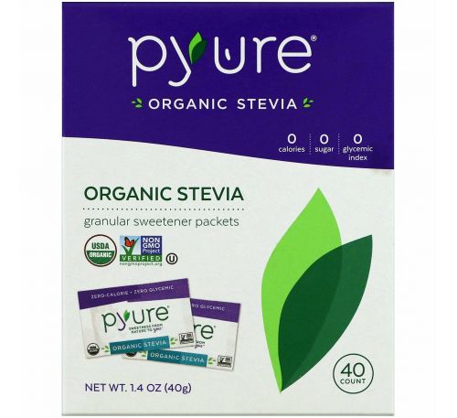 Pyure, Cтевия органического происхождения, пакеты с гранулированным подсластителем, 40 упаковок, 40 г (1,4 унции)