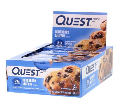 Quest Nutrition, Белковый батончик Quest, черничный маффин, 12 батончиков, 2,12 унц. (60 г) каждый