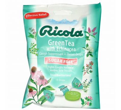 Ricola, Зеленый чай с эхинацеей, Без сахара, 19 леденцов