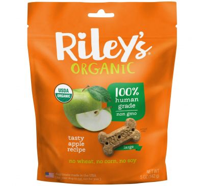 Riley’s Organics, Лакомства для собак, большая косточка, рецепт со вкусным яблоком, 142 г
