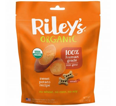 Riley’s Organics, Лакомства для собак, маленькая косточка, рецепт со сладким картофелем, 5 унций (142 г)