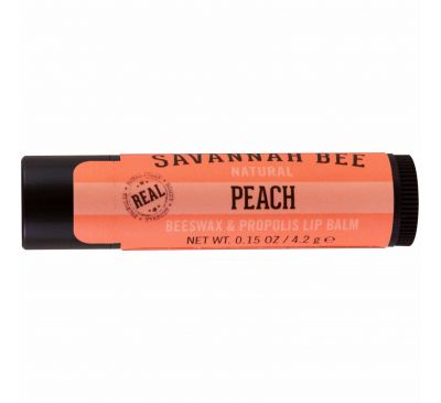 Savannah Bee Company Inc, Пчелиный воск и прополис, бальзам для губ, персик, 0.15 унций (4.2 г)