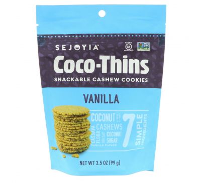Sejoyia, Coco-Thins, печенье-закуска с кешью, ваниль, 99 г