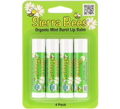 Sierra Bees, Органические бальзамы для губ, мятный взрыв, 4 шт. в упаковке, по 0,15 унц. (4,25 г) каждый
