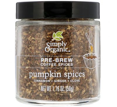 Simply Organic, Специи для заваривания кофе, тыква, 1,76 унции (50 г)