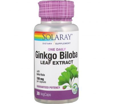 Solaray, Экстракт листьев гинко билоба для приема один раз в день, 120 мг, 30 растительных капсул