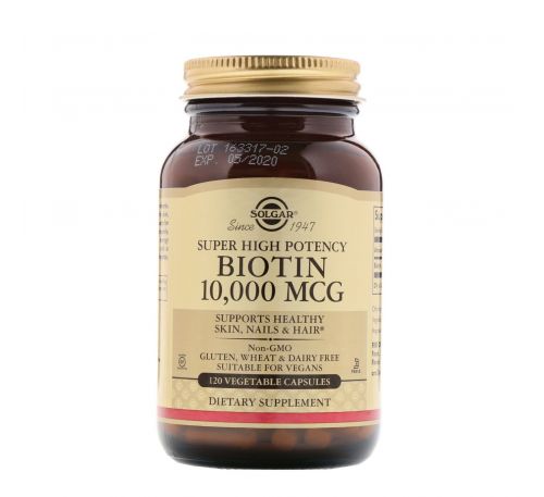 Solgar, Биотин (Biotin), высокоэффективный, 10 000 мкг, 120 растительных капсул