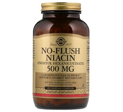 Solgar, Ниацин, не вызывает покраснений, 500 мг, 250 капсул на растительной основе