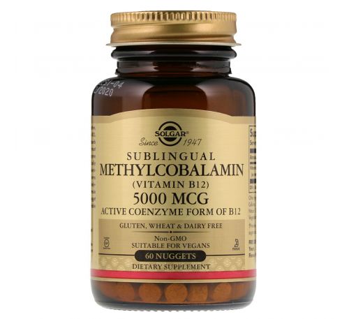 Solgar, Сублингвальный метилкобаламин (витамин B12), 5000 мкг, 60 капсул