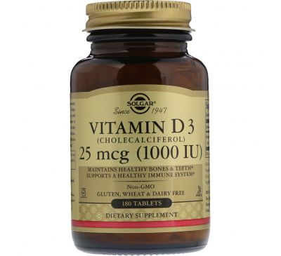 Solgar, Витамин D3 (холекальциферол), 1000 МЕ, 180 таблеток