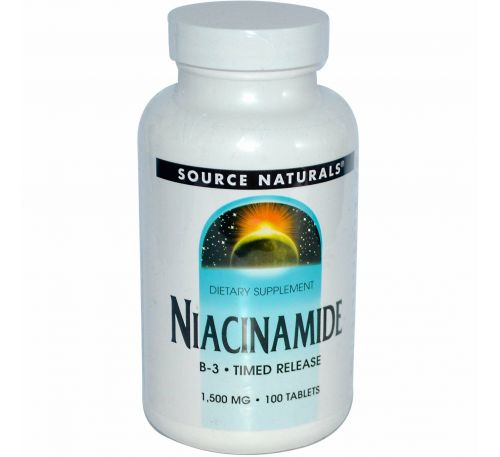 Source Naturals, Никотинамид, B-3,начинает действовать в запланированное время, 1,500 мг, 100 таблеток