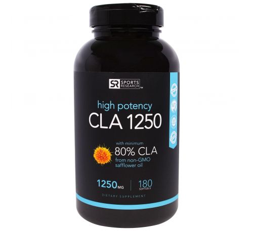 Sports Research, CLA 1250 (конъюгированная линолевая кислота), 1250 мг, 180 мягких желатиновых капсул с жидкостью