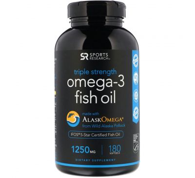 Sports Research, Омега-3, Утроенная Сила, 1250 мг, 180 Желатиновых капсул