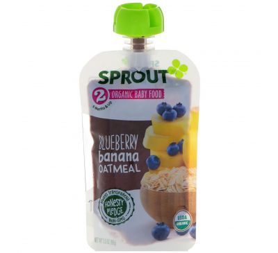 Sprout Organic, Детское питание, Этап 2, Черника, банан, овес, 3,5 унц. (99 г)