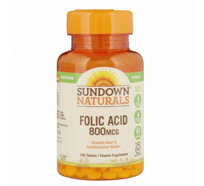 Sundown Naturals, Фолиевая кислота, 800 мкг, 100 таблеток