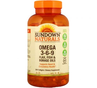 Sundown Naturals, Омега 3-6-9 - льняное масло, рыбий жир и масло бурачника, 200 мягких таблеток