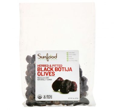 Sunfood, Сертифицированные натуральные оливки сорта Black Botija, без косточек, с зеленью, 8 унций (227 г)