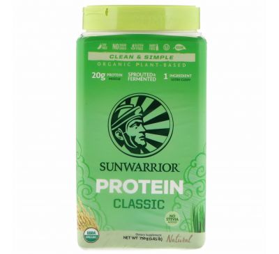 Sunwarrior, Классический протеин, органический растительный, натуральный, 1,65 фунта (750 г)