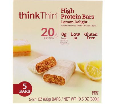 ThinkThin, Батончики с высоким содержанием белка, лимонное удовольствие, 5 батончиков, 2,1 унц. (60 г) каждый