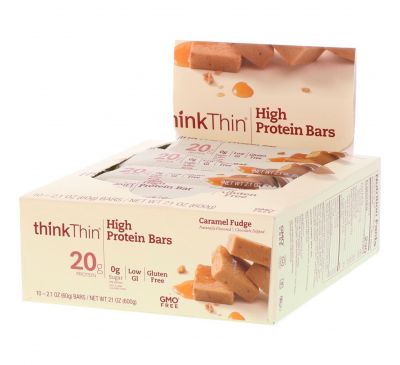 ThinkThin, High Protein Bars, Caramel Fudge, 10 Bars, 2.1 oz (60g) Each