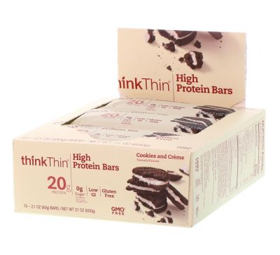 ThinkThin, Насыщенный протеином батончик, печенье и сливки, 10 батончиков, 2,1 унц. (60 г) каждый