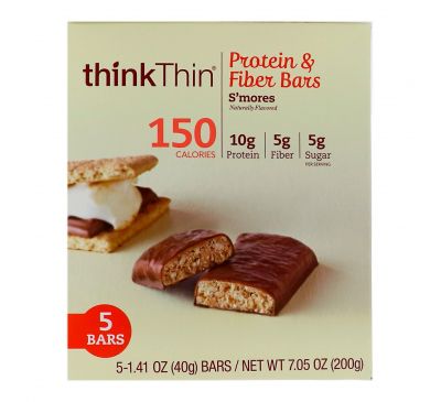 ThinkThin, Протеиновый батончик с клетчаткой, смор, 5 баточников, 1,41 унц. (40 г) каждый