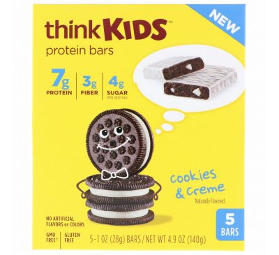ThinkThin, ThinkKids, белковые батончики, печенье и сливки, 5 штук, по 28 г каждый