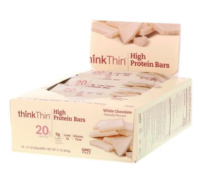 ThinkThin, Высокопротеиновые батончики, белый шоколад, 10 батончиков по 60 г