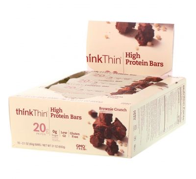 ThinkThin, Высокопротеиновые батончики, хрустящий брауни, 10 батончиков по 60 г