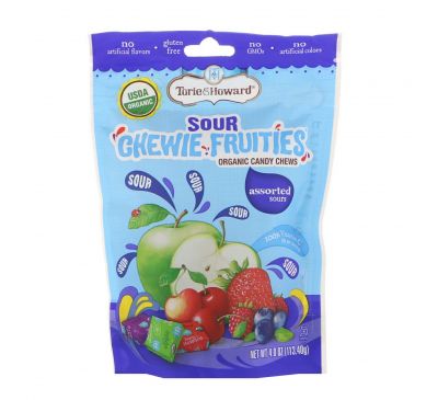 Torie & Howard, Органический продукт, Кислые жевательные фруктовые конфеты, Ассорти вкусов, 4 унц. (113,40 г)