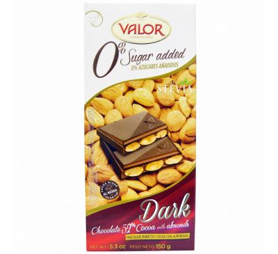 Valor, 0% Sugar Added, Dark Chocolate, 52% Cocoa with Almonds, 5.3 oz (150 g)