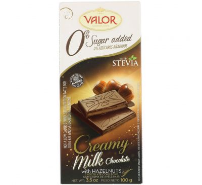 Valor, 0% добавленного сахара, сливочный молочный шоколад с лесным орехом, 3,5 унции (100 г)