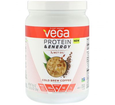 Vega, Protein & Energy with 3g MCT Oil, Cold Brew Coffee, 18.6 oz (526 g)