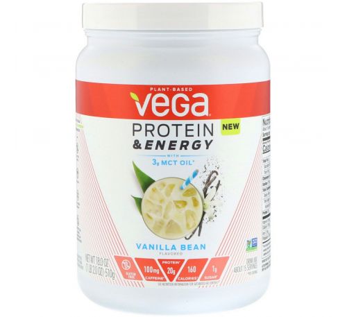 Vega, Protein & Energy with 3g MCT Oil, Vanilla Bean, 18 oz (510 g)