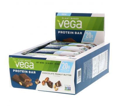 Vega, Протеиновый батончик, шоколад и арахисовое масло, 12 баточников, 2.5 унцю (70 г) каждый