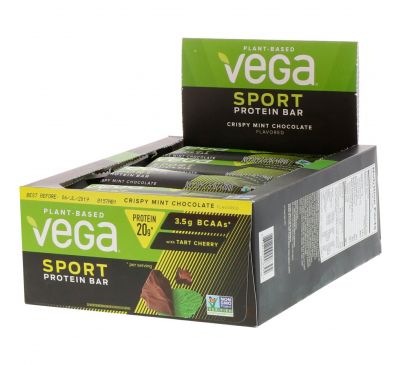 Vega, Sport, Протеиновый батончик, Хрустящий шоколад и мята, 12 батончиков, 2,5 унц. (70 г) каждый