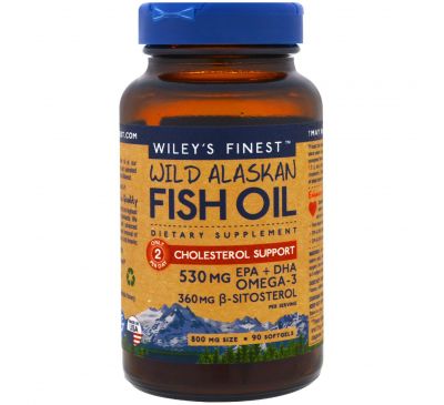 Wiley's Finest, Аляскинский рыбий жир, поддержка уровня холестерина, 90 капсул в мягкой оболочке