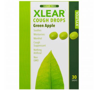 Xlear, Ксилит, Леденцы от кашля, без сахара, со вкусом зеленого яблока, 30 леденцов