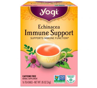 Yogi Tea, Immune Support с эхинацеей, без кофеина, 16 чайных пакетиков, 24 г