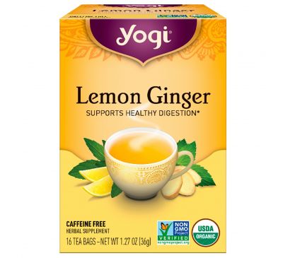 Yogi Tea, Лимон и имбирь, без кофеина, 16 чайных пакетиков, 36 г