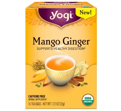 Yogi Tea, Organic, манго имбирь, без кофеина, 16 чайных пакетиков, 1.12 унц. (32 г)