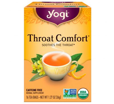 Yogi Tea, Органическая серия, Throat Comfort, без кофеина, 16 чайных пакетиков, 36 г