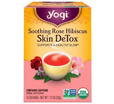 Yogi Tea, Skin DeTox, успокаивающая роза и гибискус, 16 чайных пакетиков, 112 унц. (32 г)