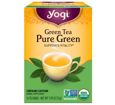 Yogi Tea, Зеленый чай «Чистый зеленый», 16 пакетиков, 1,09 унции (31 г)