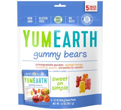 YumEarth, Жевательные мишки, вкусы в ассортименте, 5 пакетиков, 0,7 унц. (19,8 г) каждый