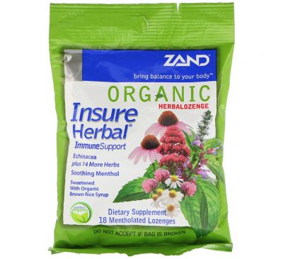 Zand, Organic HerbaLozenge, Insure Herbal, 18 Mentholated Lozenges