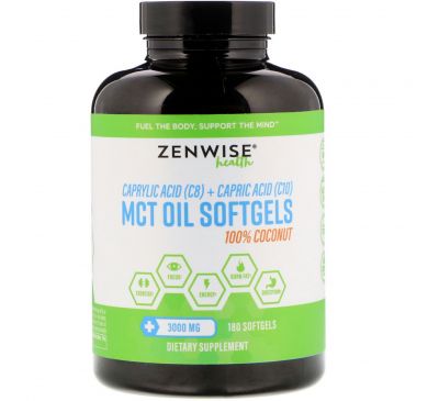 Zenwise Health, 100% Coconut MCT Oil, Caprylic Acid (C8) Plus Capric Acid (C10), 3000 mg , 180 Softgels